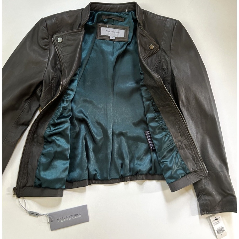 NWT Marc New York Andrew Marc Moto Mob Wife Grey Leather Jacket Size L - Picture 6 of 16